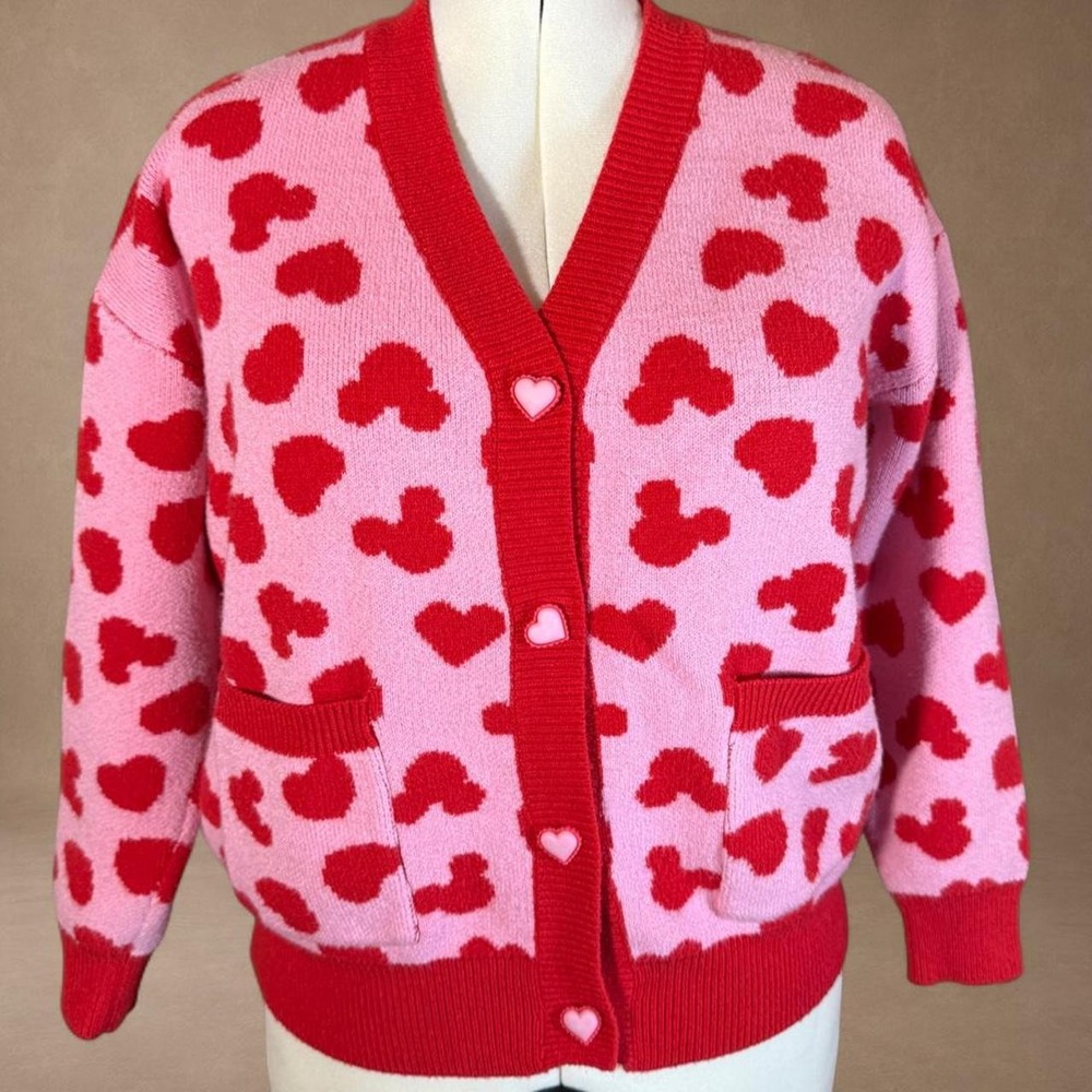 Y2K Hidden Mickey Heart Cardigan Pink Red Kawaii Coquette Sweater